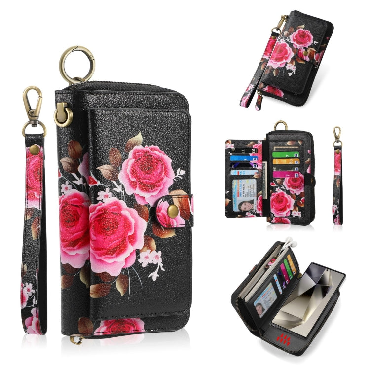 For Samsung Galaxy S24 5G POLA Flower Multi-functional Zipper Wallet Leather Phone Case(Black) - Galaxy S24 5G Cases by PMC Jewellery | Online Shopping South Africa | PMC Jewellery | Buy Now Pay Later Mobicred