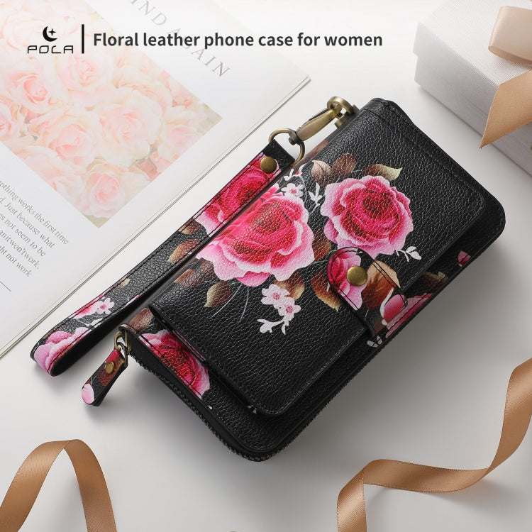 For Samsung Galaxy S24 5G POLA Flower Multi-functional Zipper Wallet Leather Phone Case(Black) - Galaxy S24 5G Cases by PMC Jewellery | Online Shopping South Africa | PMC Jewellery | Buy Now Pay Later Mobicred