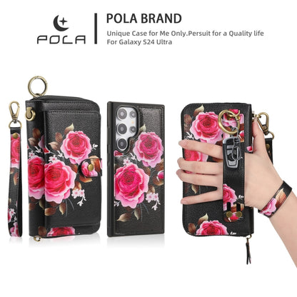 For Samsung Galaxy S24 5G POLA Flower Multi-functional Zipper Wallet Leather Phone Case(Black) - Galaxy S24 5G Cases by PMC Jewellery | Online Shopping South Africa | PMC Jewellery | Buy Now Pay Later Mobicred