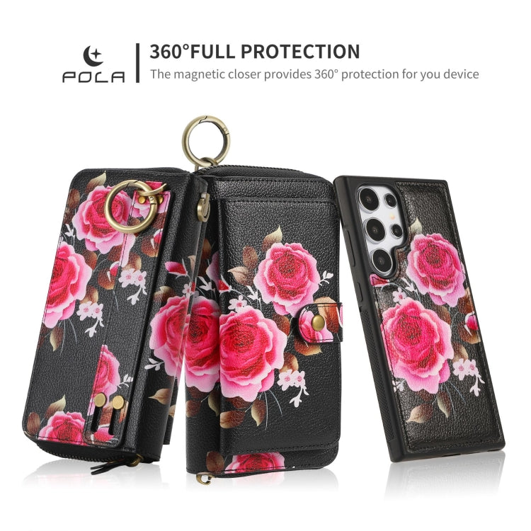 For Samsung Galaxy S24 5G POLA Flower Multi-functional Zipper Wallet Leather Phone Case(Black) - Galaxy S24 5G Cases by PMC Jewellery | Online Shopping South Africa | PMC Jewellery | Buy Now Pay Later Mobicred