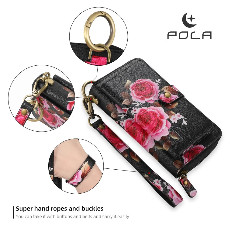 For Samsung Galaxy S24 5G POLA Flower Multi-functional Zipper Wallet Leather Phone Case(Black) - Galaxy S24 5G Cases by PMC Jewellery | Online Shopping South Africa | PMC Jewellery | Buy Now Pay Later Mobicred