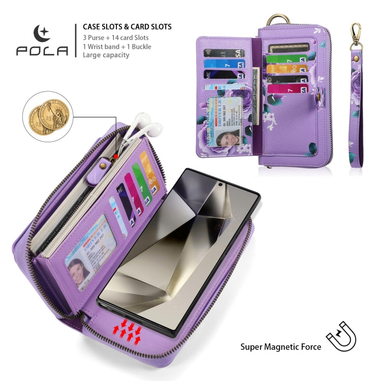 For Samsung Galaxy S24 5G POLA Flower Multi-functional Zipper Wallet Leather Phone Case(Purple) - Galaxy S24 5G Cases by PMC Jewellery | Online Shopping South Africa | PMC Jewellery | Buy Now Pay Later Mobicred