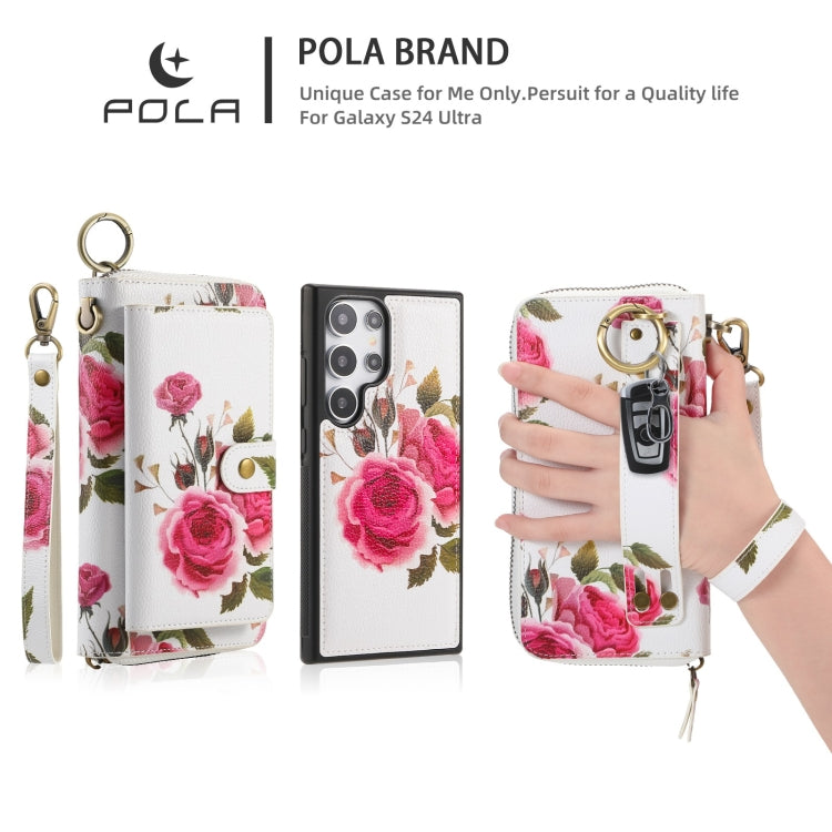 For Samsung Galaxy S24 5G POLA Flower Multi-functional Zipper Wallet Leather Phone Case(Beige) - Galaxy S24 5G Cases by PMC Jewellery | Online Shopping South Africa | PMC Jewellery | Buy Now Pay Later Mobicred