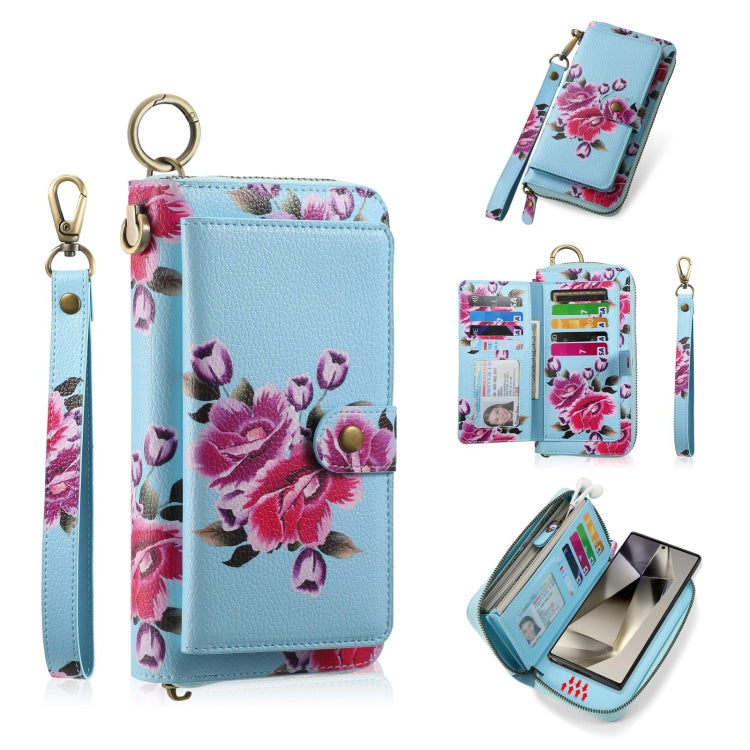 For Samsung Galaxy S24+ 5G POLA Flower Multi-functional Zipper Wallet Leather Phone Case(Sky Blue) - Galaxy S24+ 5G Cases by PMC Jewellery | Online Shopping South Africa | PMC Jewellery | Buy Now Pay Later Mobicred