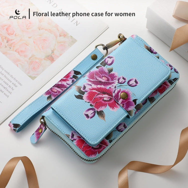 For Samsung Galaxy S24+ 5G POLA Flower Multi-functional Zipper Wallet Leather Phone Case(Sky Blue) - Galaxy S24+ 5G Cases by PMC Jewellery | Online Shopping South Africa | PMC Jewellery | Buy Now Pay Later Mobicred