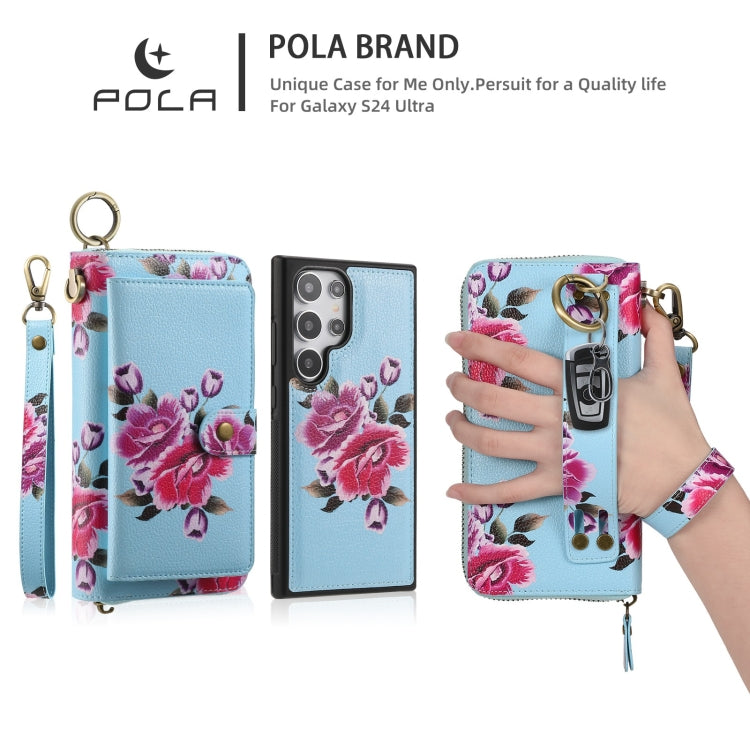 For Samsung Galaxy S24+ 5G POLA Flower Multi-functional Zipper Wallet Leather Phone Case(Sky Blue) - Galaxy S24+ 5G Cases by PMC Jewellery | Online Shopping South Africa | PMC Jewellery | Buy Now Pay Later Mobicred