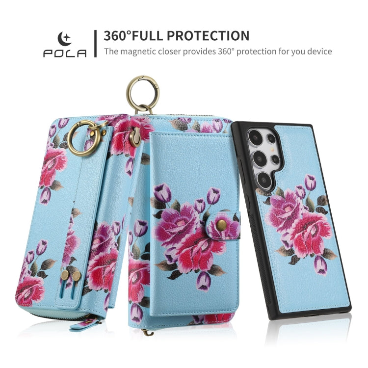 For Samsung Galaxy S24+ 5G POLA Flower Multi-functional Zipper Wallet Leather Phone Case(Sky Blue) - Galaxy S24+ 5G Cases by PMC Jewellery | Online Shopping South Africa | PMC Jewellery | Buy Now Pay Later Mobicred