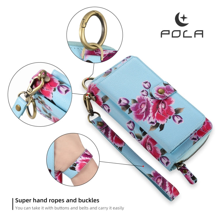 For Samsung Galaxy S24+ 5G POLA Flower Multi-functional Zipper Wallet Leather Phone Case(Sky Blue) - Galaxy S24+ 5G Cases by PMC Jewellery | Online Shopping South Africa | PMC Jewellery | Buy Now Pay Later Mobicred