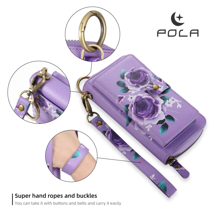 For Samsung Galaxy S24+ 5G POLA Flower Multi-functional Zipper Wallet Leather Phone Case(Purple) - Galaxy S24+ 5G Cases by PMC Jewellery | Online Shopping South Africa | PMC Jewellery | Buy Now Pay Later Mobicred