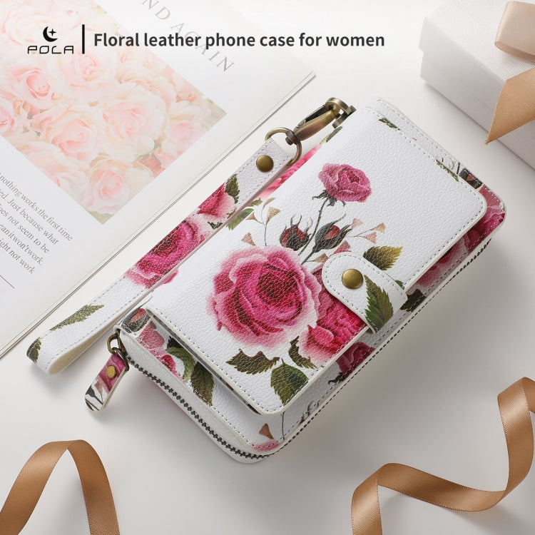 For Samsung Galaxy S24+ 5G POLA Flower Multi-functional Zipper Wallet Leather Phone Case(Beige) - Galaxy S24+ 5G Cases by PMC Jewellery | Online Shopping South Africa | PMC Jewellery | Buy Now Pay Later Mobicred