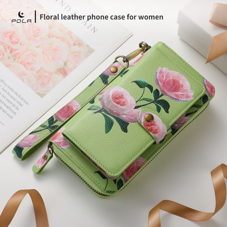 For Samsung Galaxy S24 Ultra 5G POLA Flower Multi-functional Zipper Wallet Leather Phone Case(Green) - Galaxy S24 Ultra 5G Cases by PMC Jewellery | Online Shopping South Africa | PMC Jewellery | Buy Now Pay Later Mobicred