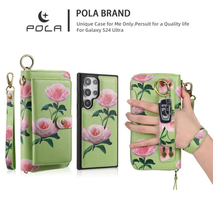 For Samsung Galaxy S24 Ultra 5G POLA Flower Multi-functional Zipper Wallet Leather Phone Case(Green) - Galaxy S24 Ultra 5G Cases by PMC Jewellery | Online Shopping South Africa | PMC Jewellery | Buy Now Pay Later Mobicred