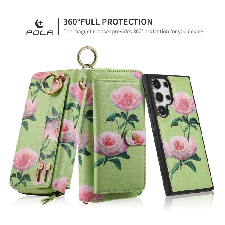 For Samsung Galaxy S24 Ultra 5G POLA Flower Multi-functional Zipper Wallet Leather Phone Case(Green) - Galaxy S24 Ultra 5G Cases by PMC Jewellery | Online Shopping South Africa | PMC Jewellery | Buy Now Pay Later Mobicred