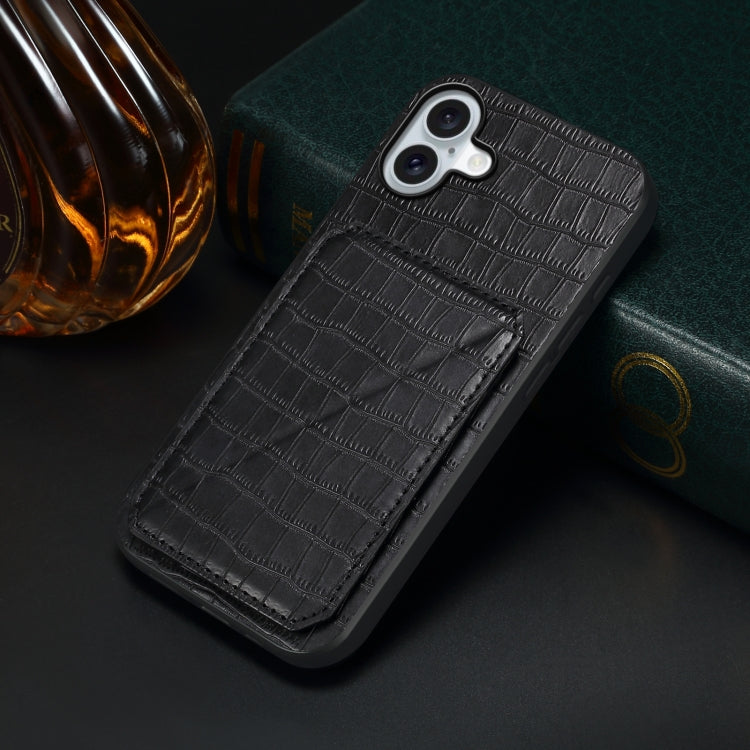 For iPhone 16 Imitation Crocodile Leather Back Phone Case with Holder(Black) - iPhone 16 Cases by PMC Jewellery | Online Shopping South Africa | PMC Jewellery | Buy Now Pay Later Mobicred