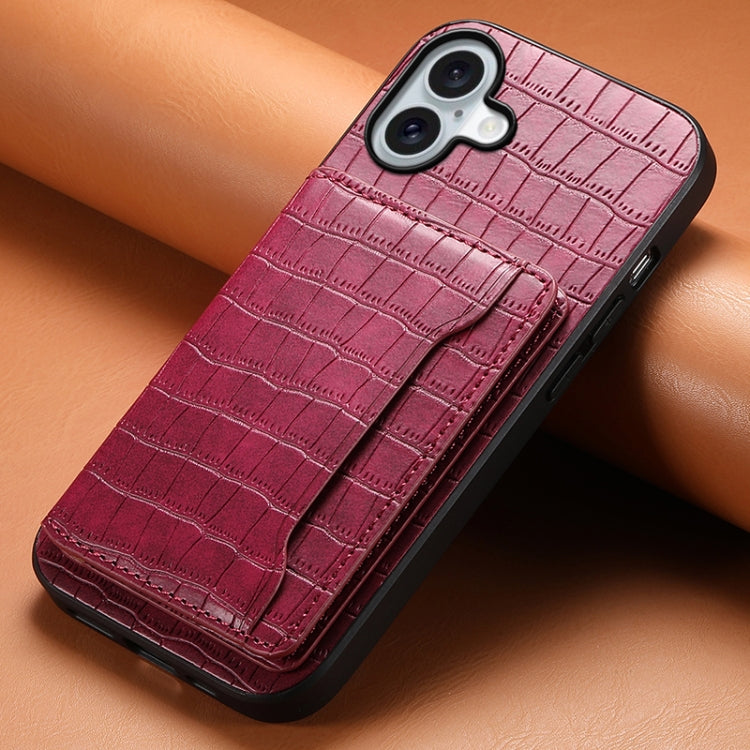For iPhone 16 Crocodile Texture Card Bag Design Full Coverage Phone Case(Red) - iPhone 16 Cases by PMC TechLife | Online Shopping South Africa | PMC TechLife | Buy Now Pay Later Mobicred