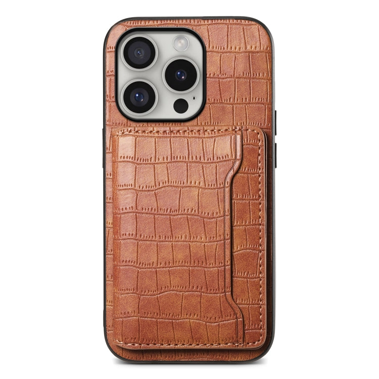 For iPhone 16 Pro Max Crocodile Texture Card Bag Design Full Coverage Phone Case(Brown) - iPhone 16 Pro Max Cases by PMC Jewellery | Online Shopping South Africa | PMC Jewellery | Buy Now Pay Later Mobicred