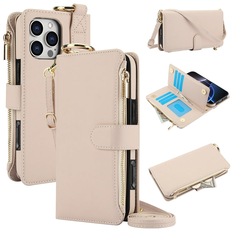 For iPhone 16 Pro Crossbody Ring Multifunctional Wallet Leather Phone Case(White) - More iPhone Cases by PMC Jewellery | Online Shopping South Africa | PMC Jewellery | Buy Now Pay Later Mobicred