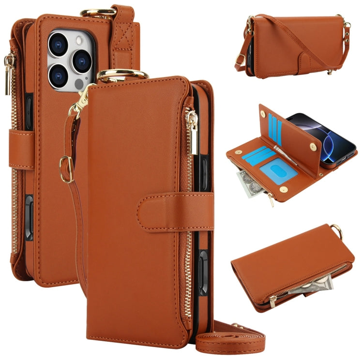 For iPhone 16 Pro Crossbody Ring Multifunctional Wallet Leather Phone Case(Brown) - More iPhone Cases by PMC Jewellery | Online Shopping South Africa | PMC Jewellery | Buy Now Pay Later Mobicred