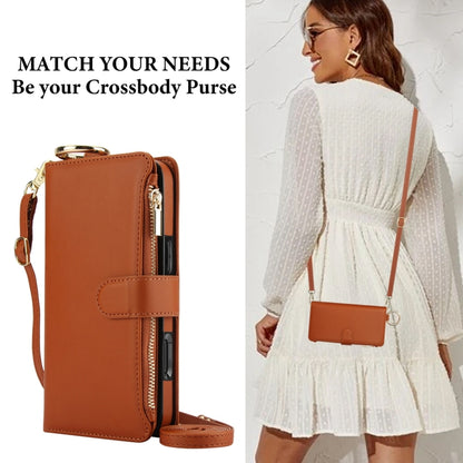 For iPhone 16 Pro Crossbody Ring Multifunctional Wallet Leather Phone Case(Brown) - More iPhone Cases by PMC Jewellery | Online Shopping South Africa | PMC Jewellery | Buy Now Pay Later Mobicred