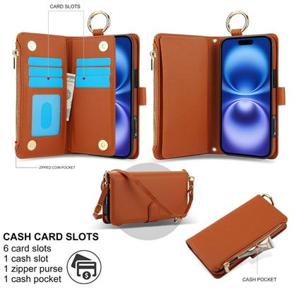 For iPhone 16 Plus Crossbody Ring Multifunctional Wallet Leather Phone Case(Brown) - iPhone 16 Plus Cases by PMC Jewellery | Online Shopping South Africa | PMC Jewellery | Buy Now Pay Later Mobicred