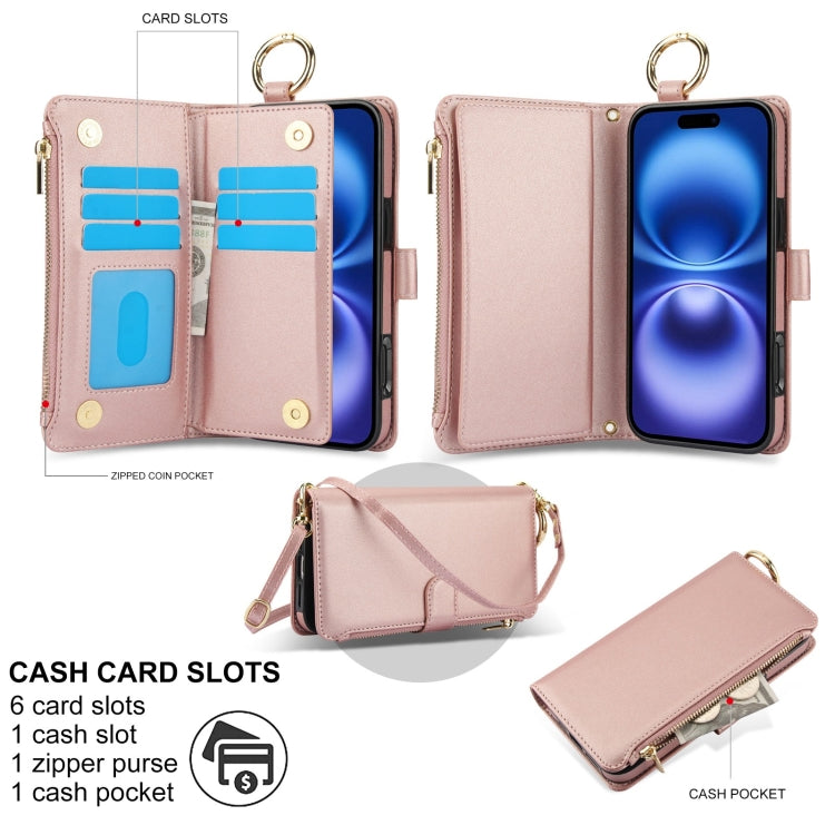 For iPhone 16 Crossbody Ring Multifunctional Wallet Leather Phone Case(Rose Gold) - iPhone 16 Cases by PMC Jewellery | Online Shopping South Africa | PMC Jewellery | Buy Now Pay Later Mobicred