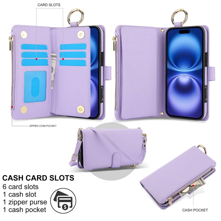 For iPhone 16 Crossbody Ring Multifunctional Wallet Leather Phone Case(Purple) - iPhone 16 Cases by PMC Jewellery | Online Shopping South Africa | PMC Jewellery | Buy Now Pay Later Mobicred