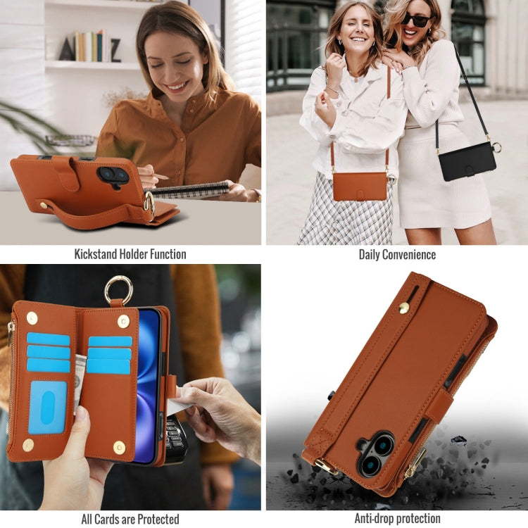 For iPhone 16 Crossbody Ring Multifunctional Wallet Leather Phone Case(Brown) - iPhone 16 Cases by PMC Jewellery | Online Shopping South Africa | PMC Jewellery | Buy Now Pay Later Mobicred