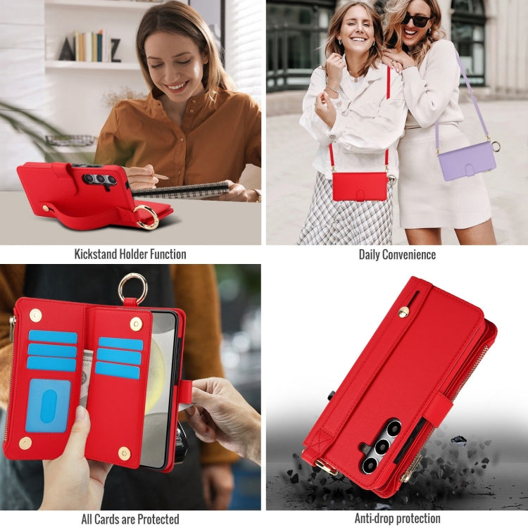 For Samsung Galaxy S24+ 5G Crossbody Ring Multifunctional Wallet Leather Phone Case(Red) - Galaxy S24+ 5G Cases by PMC Jewellery | Online Shopping South Africa | PMC Jewellery | Buy Now Pay Later Mobicred