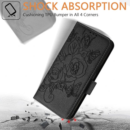 For iPhone 16 Pro Embossed Rose RFID Anti-theft Leather Phone Case(Black) - iPhone 16 Pro Cases by PMC Jewellery | Online Shopping South Africa | PMC Jewellery | Buy Now Pay Later Mobicred