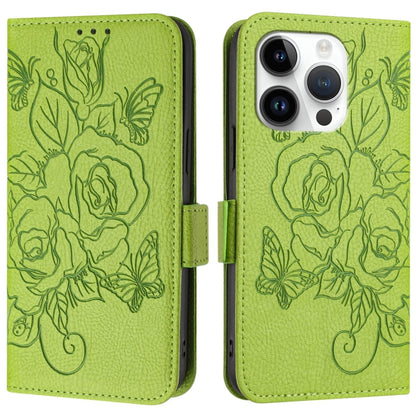 For iPhone 16 Pro Max Embossed Rose RFID Anti-theft Leather Phone Case(Green) - iPhone 16 Pro Max Cases by PMC Jewellery | Online Shopping South Africa | PMC Jewellery | Buy Now Pay Later Mobicred