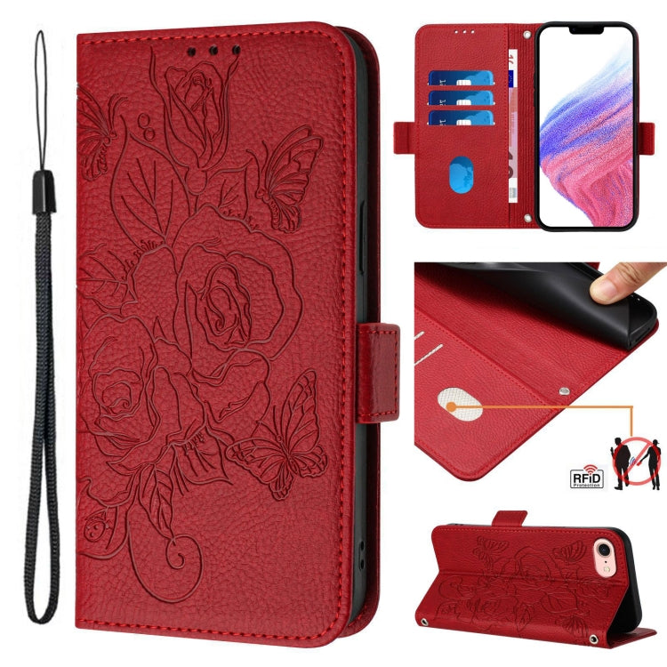 For iPhone SE 2024 Embossed Rose RFID Anti-theft Leather Phone Case(Red) - More iPhone Cases by PMC Jewellery | Online Shopping South Africa | PMC Jewellery | Buy Now Pay Later Mobicred