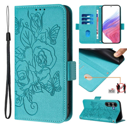 For Samsung Galaxy S25+ 5G Embossed Rose RFID Anti-theft Leather Phone Case(Light Blue) - Galaxy S25+ 5G Cases by PMC Jewellery | Online Shopping South Africa | PMC Jewellery | Buy Now Pay Later Mobicred