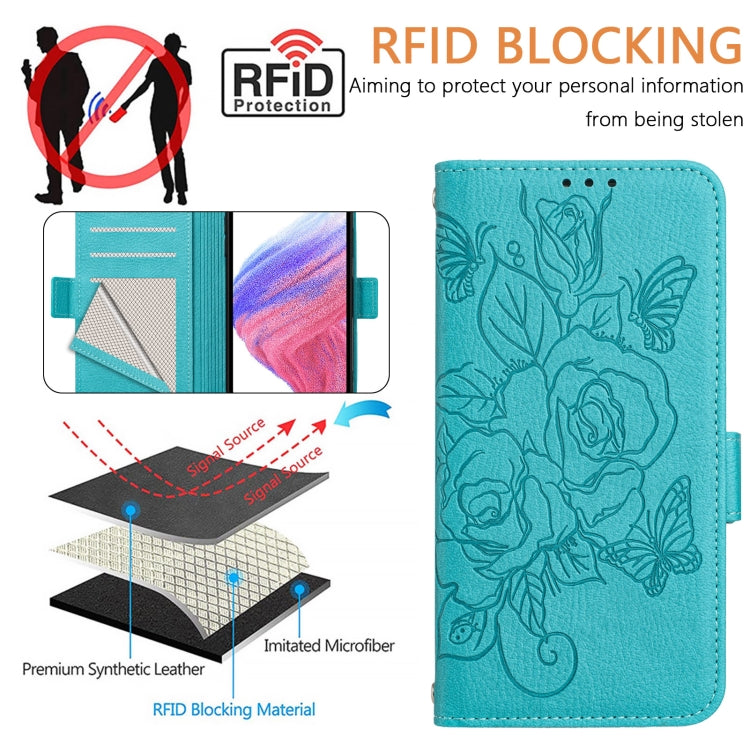 For Samsung Galaxy S25+ 5G Embossed Rose RFID Anti-theft Leather Phone Case(Light Blue) - Galaxy S25+ 5G Cases by PMC Jewellery | Online Shopping South Africa | PMC Jewellery | Buy Now Pay Later Mobicred