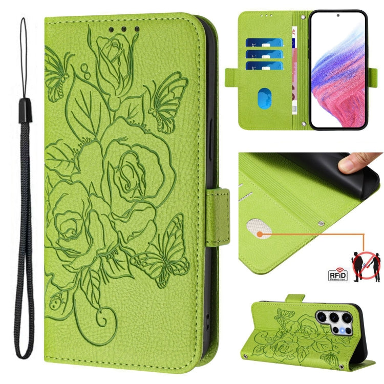 For Samsung Galaxy S25 Ultra 5G Embossed Rose RFID Anti-theft Leather Phone Case(Green) - Galaxy S25 Ultra 5G Cases by PMC Jewellery | Online Shopping South Africa | PMC Jewellery | Buy Now Pay Later Mobicred