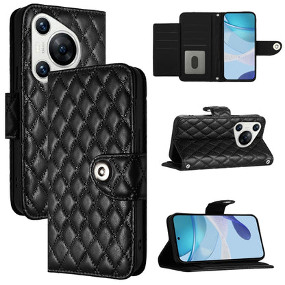 For Huawei Pura 70 Rhombic Texture Flip Leather Phone Case with Lanyard(Black) - Huawei Cases by PMC Jewellery | Online Shopping South Africa | PMC Jewellery | Buy Now Pay Later Mobicred