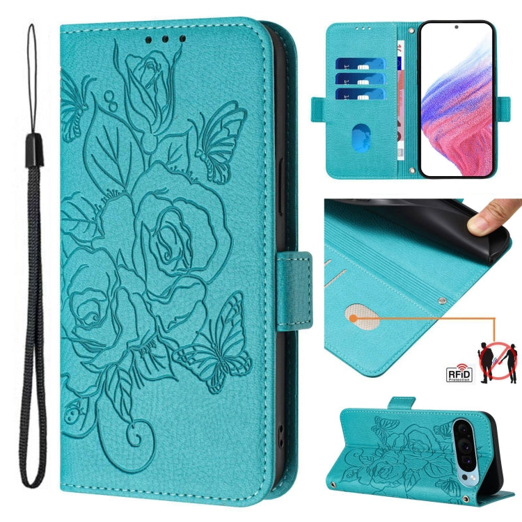 For Google Pixel 9 / 9 Pro Embossed Rose RFID Anti-theft Leather Phone Case(Light Blue) - free shipping - PMC TechLife - Order now!