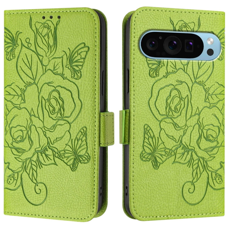 For Google Pixel 9 Pro XL Embossed Rose RFID Anti-theft Leather Phone Case(Green) - Google Cases by PMC Jewellery | Online Shopping South Africa | PMC Jewellery | Buy Now Pay Later Mobicred