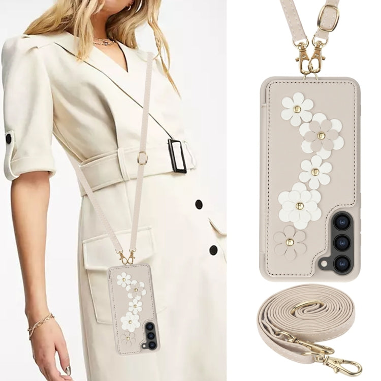 For Samsung Galaxy S25+ 5G Crossbody Flower Pattern Leather Phone Case(White) - Galaxy S23+ 5G Cases by PMC Jewellery | Online Shopping South Africa | PMC Jewellery | Buy Now Pay Later Mobicred