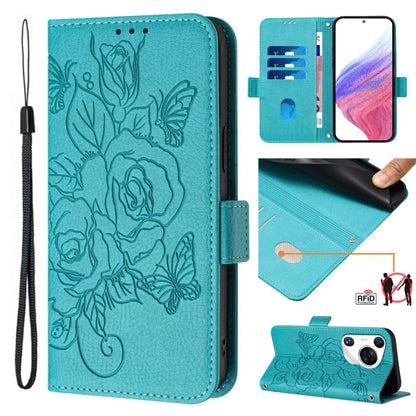 For Huawei Pura 70 Pro Embossed Rose RFID Anti-theft Leather Phone Case(Light Blue) - Huawei Cases by PMC Jewellery | Online Shopping South Africa | PMC Jewellery | Buy Now Pay Later Mobicred