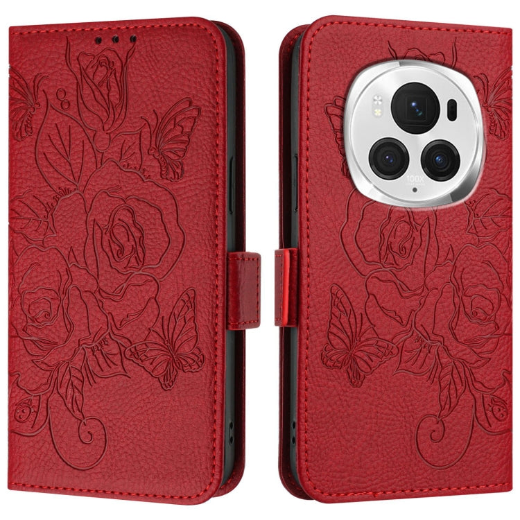 For Honor Magic6 Pro 5G Embossed Rose RFID Anti-theft Leather Phone Case(Red) - Honor Cases by PMC Jewellery | Online Shopping South Africa | PMC Jewellery | Buy Now Pay Later Mobicred