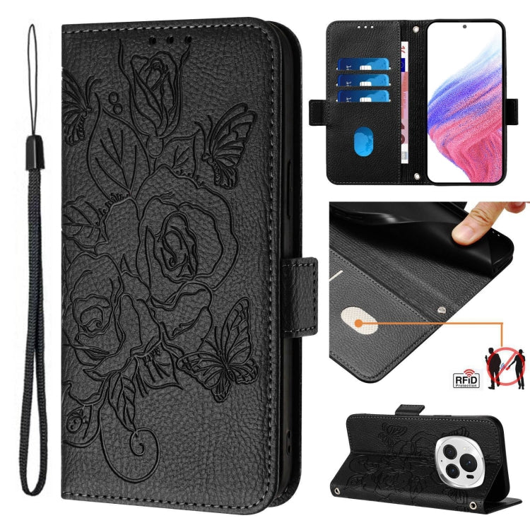 For Honor Magic6 Pro 5G Embossed Rose RFID Anti-theft Leather Phone Case(Black) - Honor Cases by PMC Jewellery | Online Shopping South Africa | PMC Jewellery | Buy Now Pay Later Mobicred