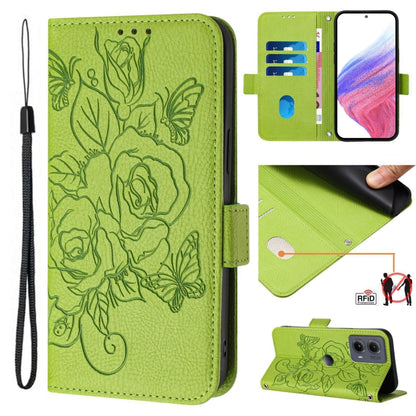 For Motorola Edge 5G 2024 Embossed Rose RFID Anti-theft Leather Phone Case(Green) - Motorola Cases by PMC Jewellery | Online Shopping South Africa | PMC Jewellery | Buy Now Pay Later Mobicred