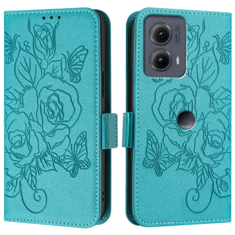 For Motorola Edge 5G 2024 Embossed Rose RFID Anti-theft Leather Phone Case(Light Blue) - Motorola Cases by PMC Jewellery | Online Shopping South Africa | PMC Jewellery | Buy Now Pay Later Mobicred