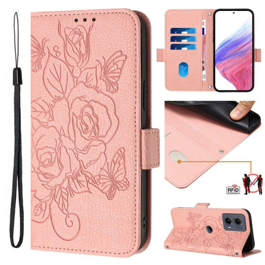 For Motorola Edge 5G 2024 Embossed Rose RFID Anti-theft Leather Phone Case(Pink) - Motorola Cases by PMC Jewellery | Online Shopping South Africa | PMC Jewellery | Buy Now Pay Later Mobicred