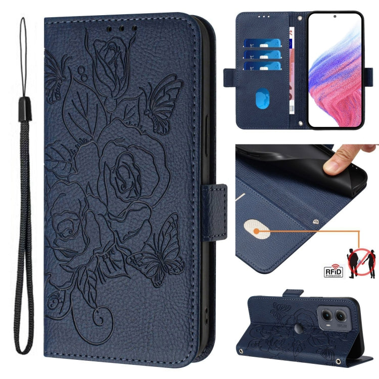 For Motorola Edge 5G 2024 Embossed Rose RFID Anti-theft Leather Phone Case(Dark Blue) - Motorola Cases by PMC Jewellery | Online Shopping South Africa | PMC Jewellery | Buy Now Pay Later Mobicred