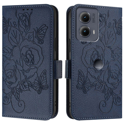 For Motorola Edge 5G 2024 Embossed Rose RFID Anti-theft Leather Phone Case(Dark Blue) - Motorola Cases by PMC Jewellery | Online Shopping South Africa | PMC Jewellery | Buy Now Pay Later Mobicred