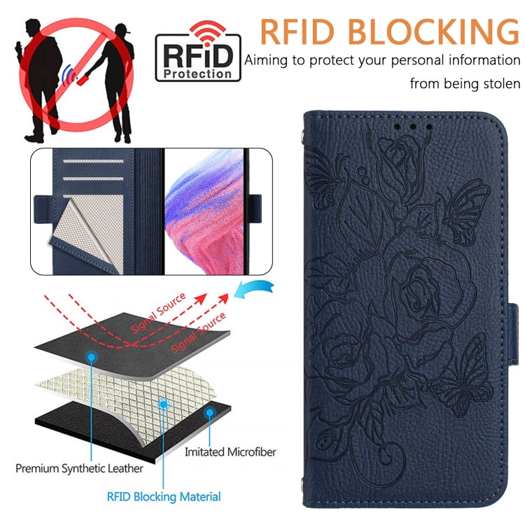 For Motorola Edge 5G 2024 Embossed Rose RFID Anti-theft Leather Phone Case(Dark Blue) - Motorola Cases by PMC Jewellery | Online Shopping South Africa | PMC Jewellery | Buy Now Pay Later Mobicred