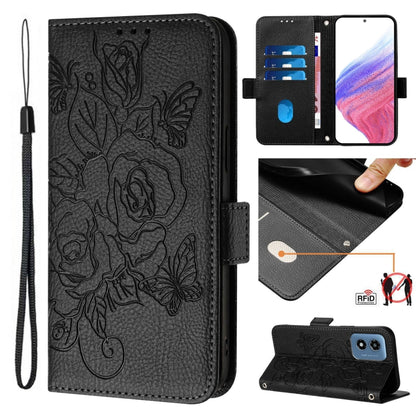 For Motorola Moto G Play 4G 2024 Embossed Rose RFID Anti-theft Leather Phone Case(Black) - Motorola Cases by PMC Jewellery | Online Shopping South Africa | PMC Jewellery | Buy Now Pay Later Mobicred