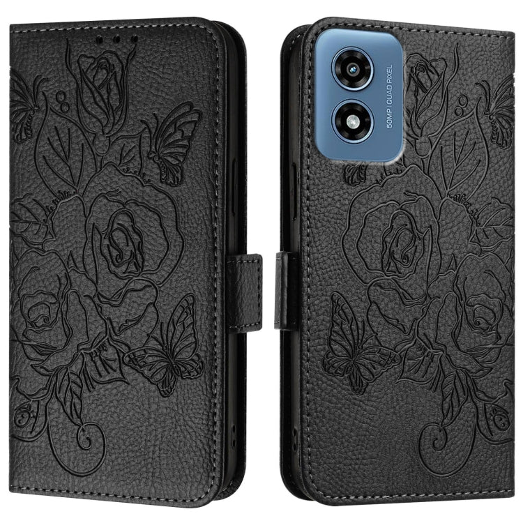 For Motorola Moto G Play 4G 2024 Embossed Rose RFID Anti-theft Leather Phone Case(Black) - Motorola Cases by PMC Jewellery | Online Shopping South Africa | PMC Jewellery | Buy Now Pay Later Mobicred