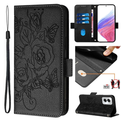 For Motorola Moto G Power 5G 2024 Embossed Rose RFID Anti-theft Leather Phone Case(Black) - Motorola Cases by PMC Jewellery | Online Shopping South Africa | PMC Jewellery | Buy Now Pay Later Mobicred